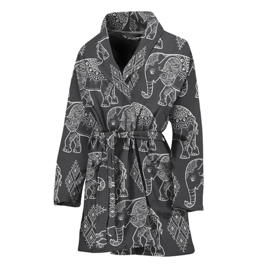 White And Grey Indian Elephant Print Women's Bathrobe