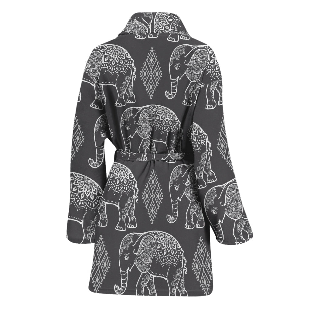 White And Grey Indian Elephant Print Women's Bathrobe