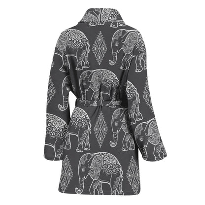 White And Grey Indian Elephant Print Women's Bathrobe