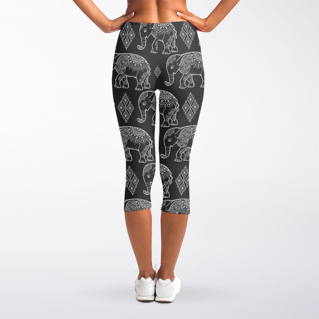 White And Grey Indian Elephant Print Women's Capri Leggings