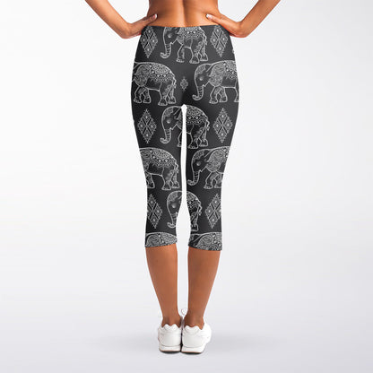 White And Grey Indian Elephant Print Women's Capri Leggings