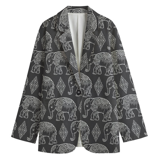 White And Grey Indian Elephant Print Women's Cotton Blazer