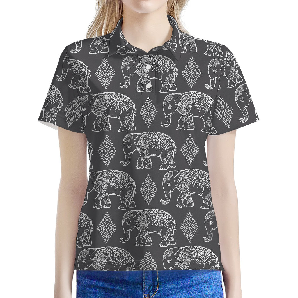 White And Grey Indian Elephant Print Women's Polo Shirt