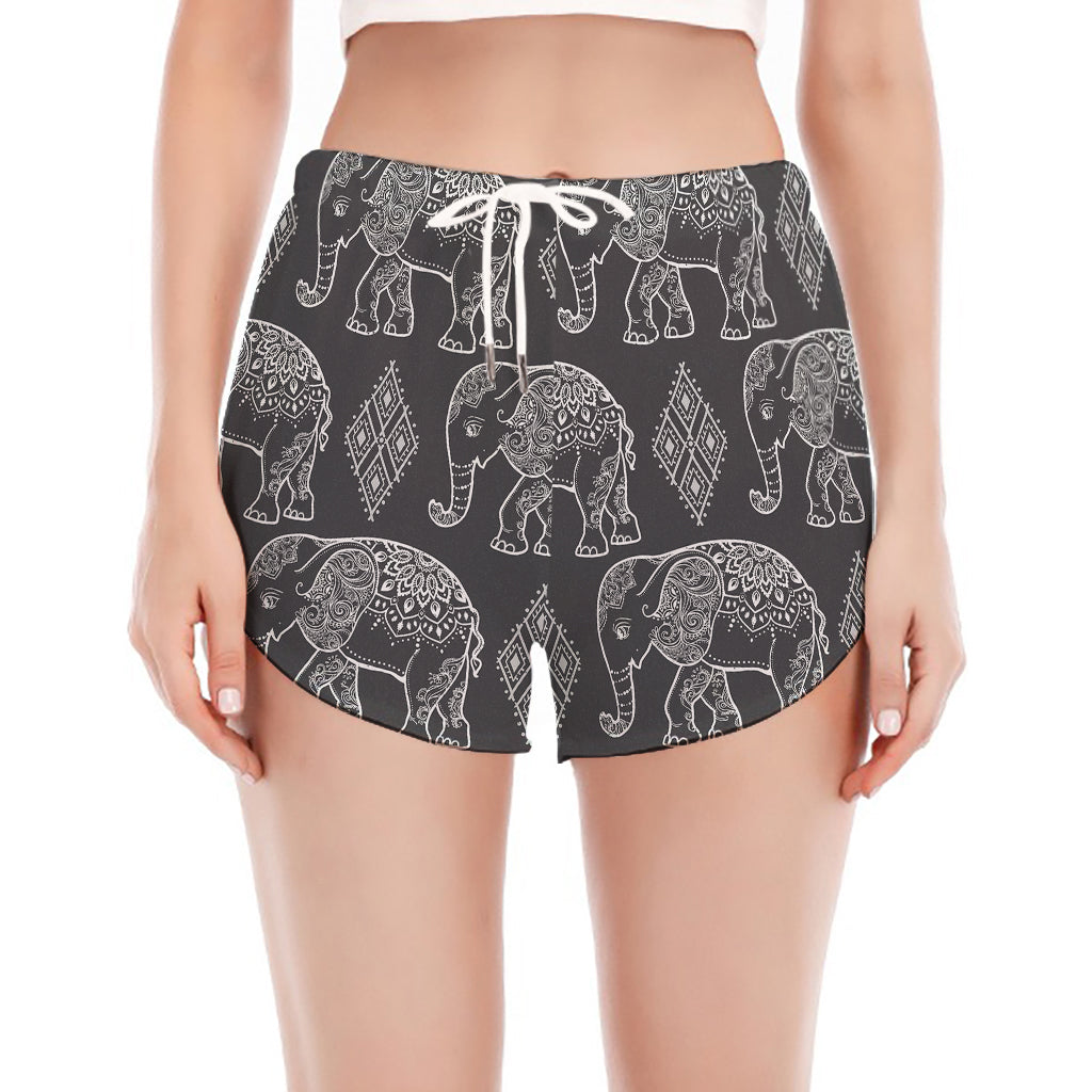 White And Grey Indian Elephant Print Women's Split Running Shorts