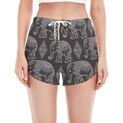 White And Grey Indian Elephant Print Women's Split Running Shorts