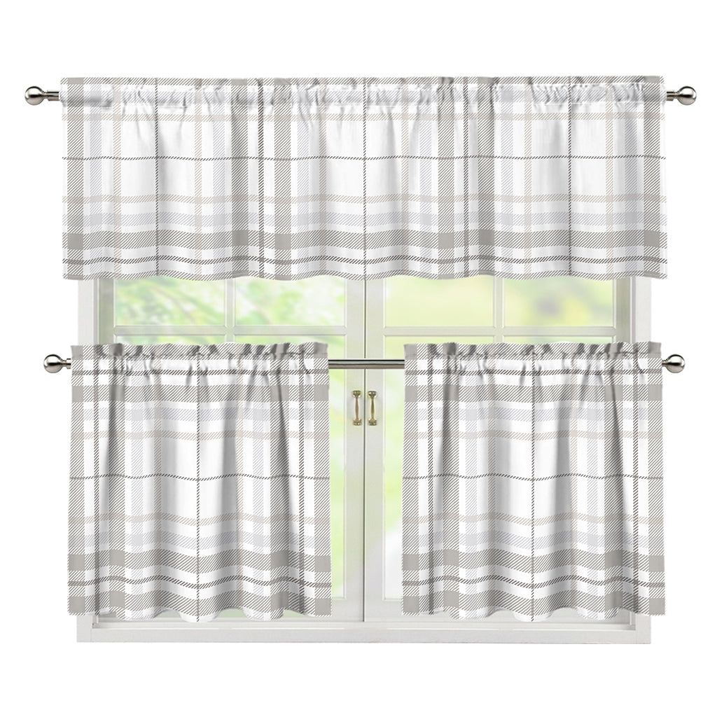 White And Grey Plaid Pattern Print 3 Piece Kitchen Curtains