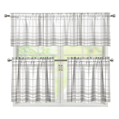 White And Grey Plaid Pattern Print 3 Piece Kitchen Curtains