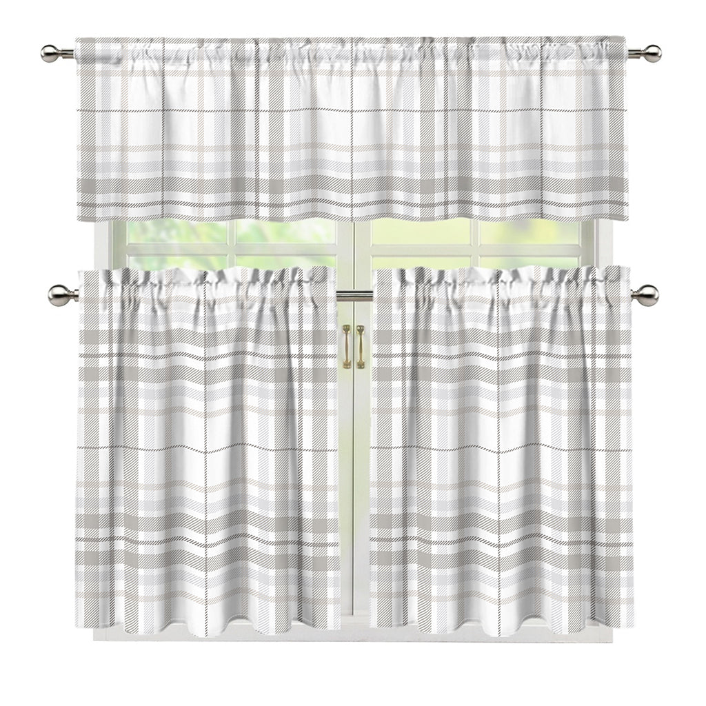 White And Grey Plaid Pattern Print 3 Piece Kitchen Curtains