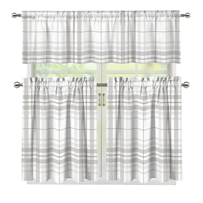 White And Grey Plaid Pattern Print 3 Piece Kitchen Curtains