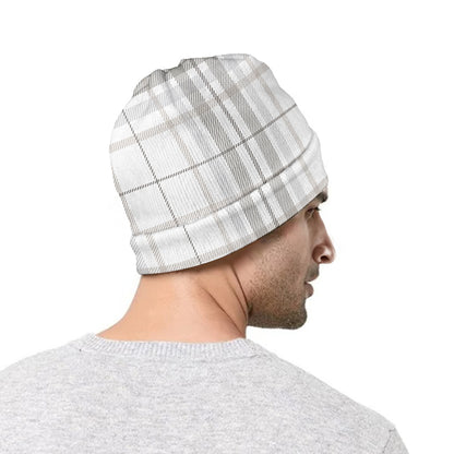 White And Grey Plaid Pattern Print Beanie