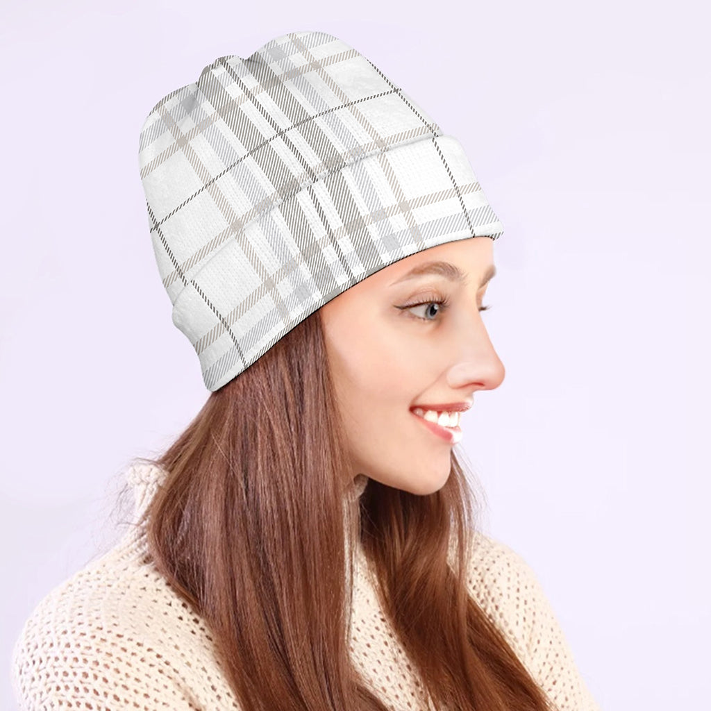 White And Grey Plaid Pattern Print Beanie