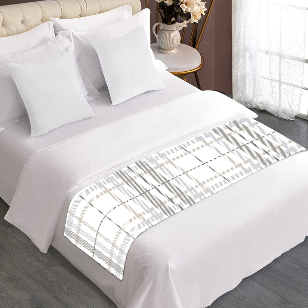 White And Grey Plaid Pattern Print Bed Runner