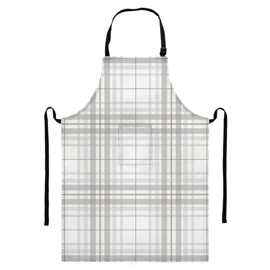 White And Grey Plaid Pattern Print Bib Apron With Pocket
