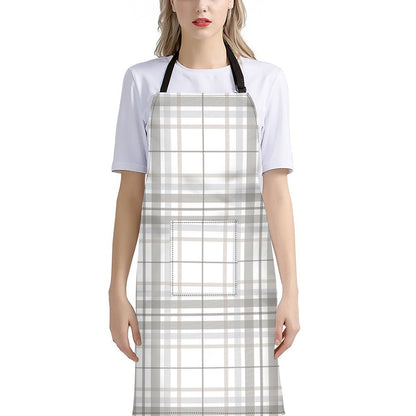 White And Grey Plaid Pattern Print Bib Apron With Pocket