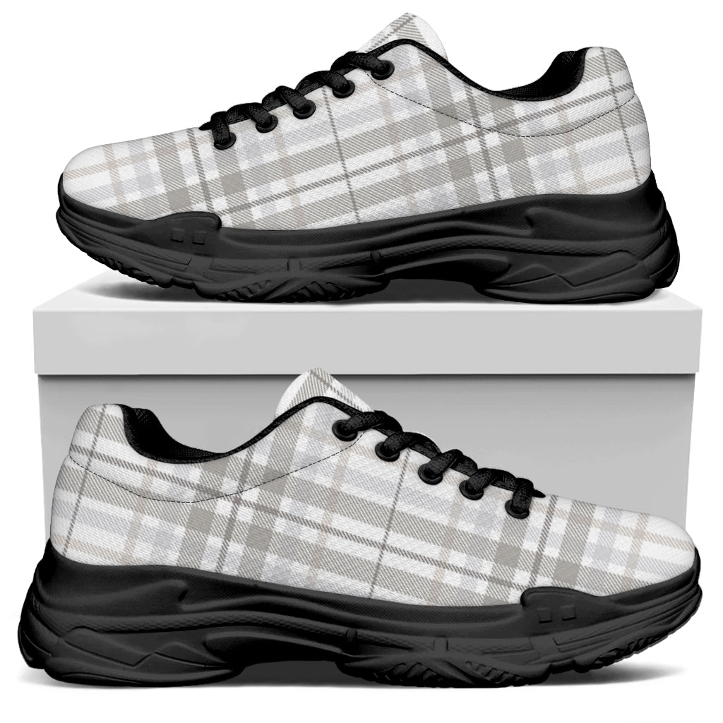 White And Grey Plaid Pattern Print Black Chunky Shoes