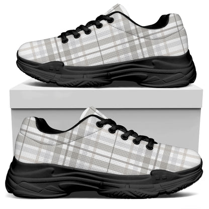 White And Grey Plaid Pattern Print Black Chunky Shoes