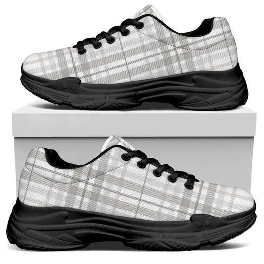 White And Grey Plaid Pattern Print Black Chunky Shoes