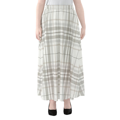 White And Grey Plaid Pattern Print Chiffon Maxi Skirt
