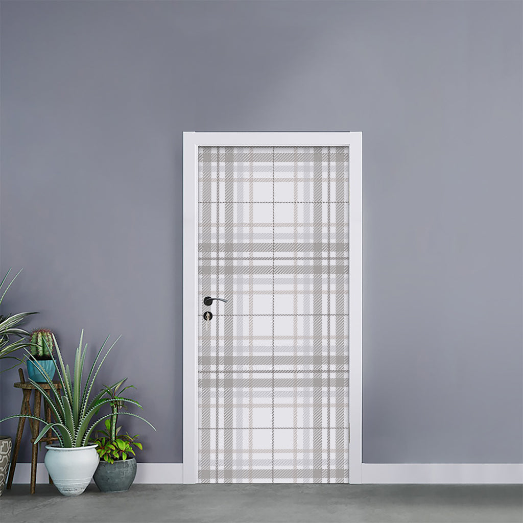 White And Grey Plaid Pattern Print Door Sticker