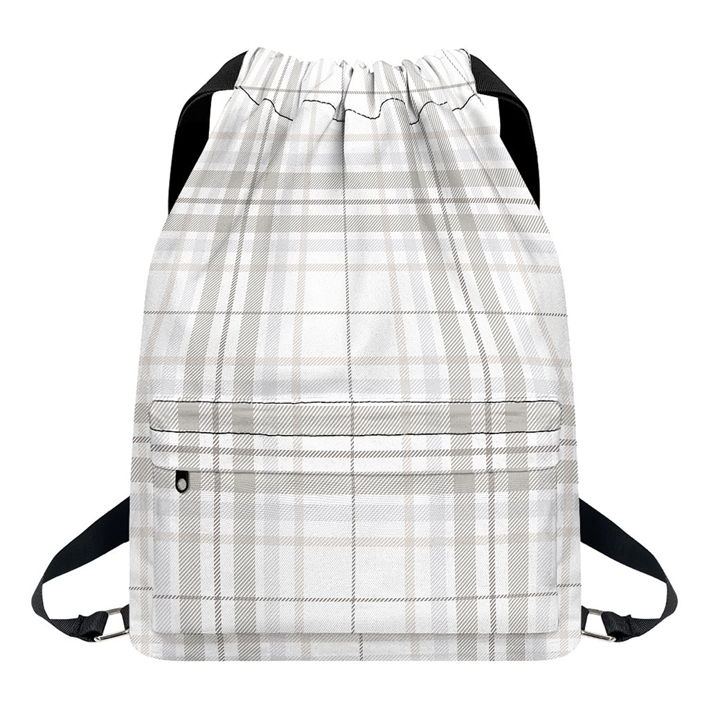White And Grey Plaid Pattern Print Drawstring Backpack