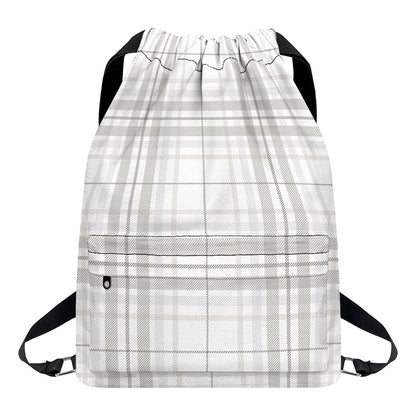 White And Grey Plaid Pattern Print Drawstring Backpack