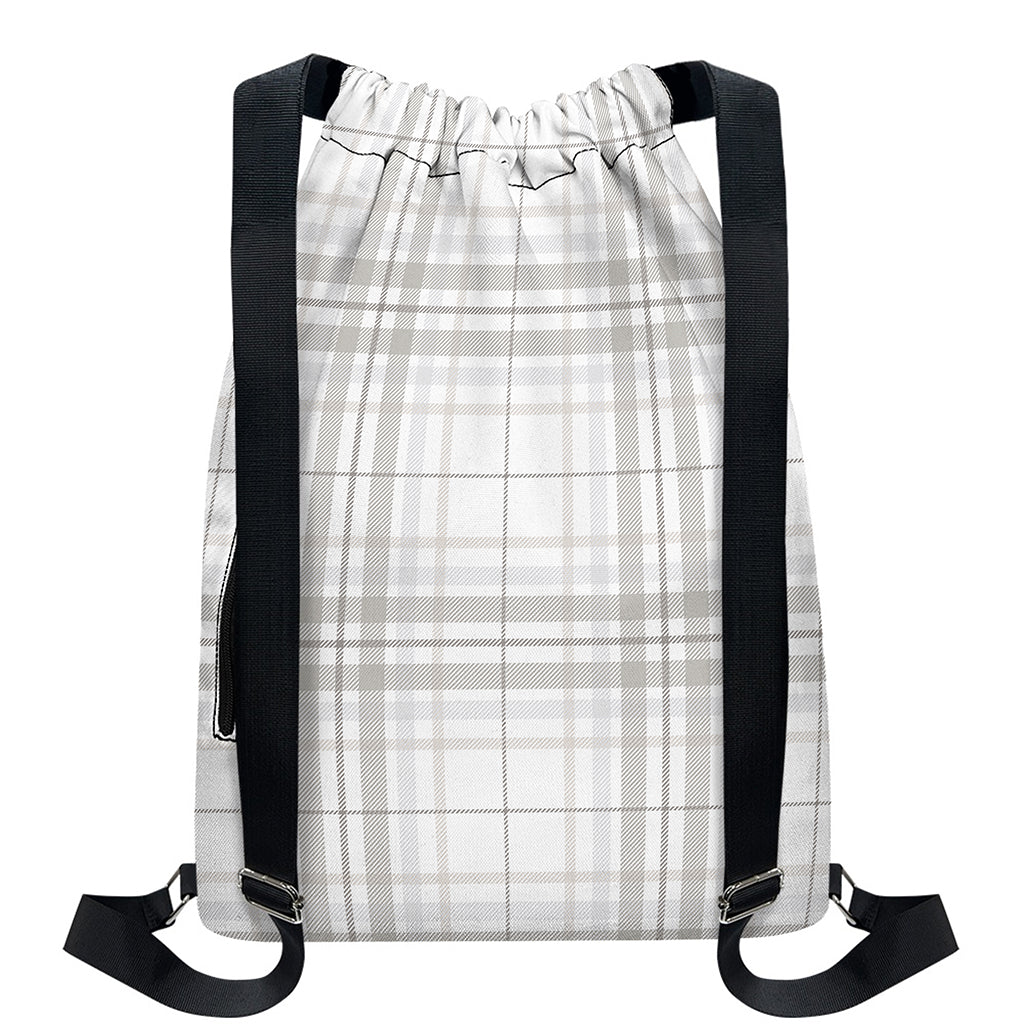 White And Grey Plaid Pattern Print Drawstring Backpack