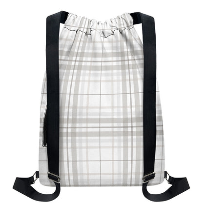 White And Grey Plaid Pattern Print Drawstring Backpack