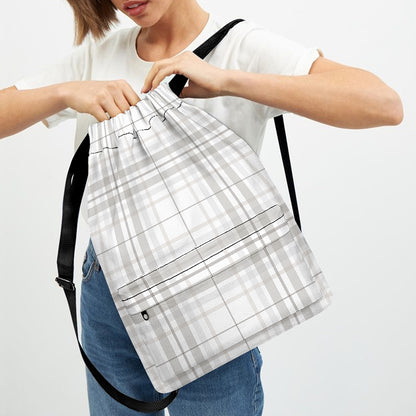 White And Grey Plaid Pattern Print Drawstring Backpack