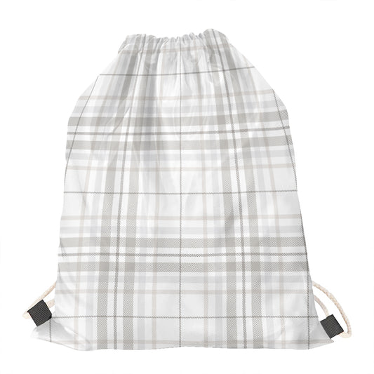 White And Grey Plaid Pattern Print Drawstring Bag