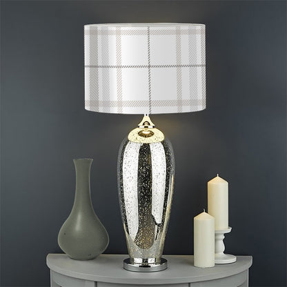 White And Grey Plaid Pattern Print Drum Lamp Shade