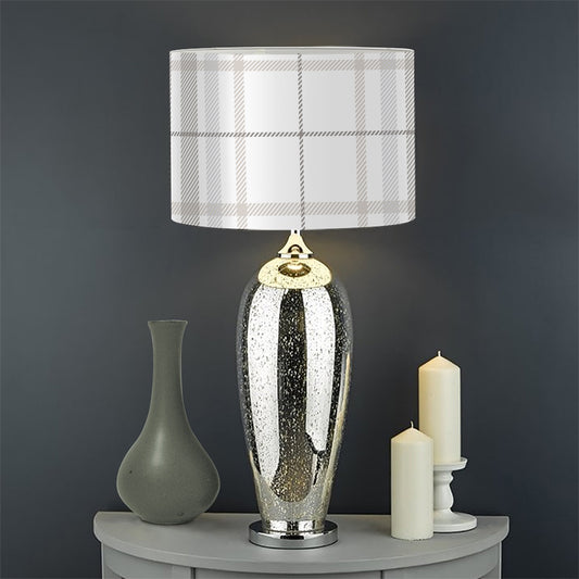 White And Grey Plaid Pattern Print Drum Lamp Shade