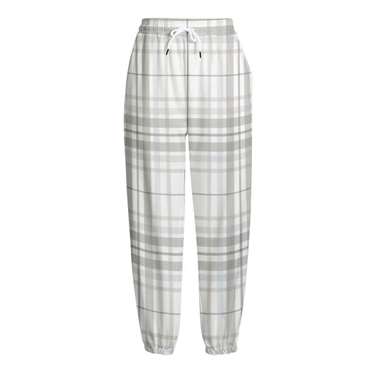 White And Grey Plaid Pattern Print Fleece Lined Knit Pants