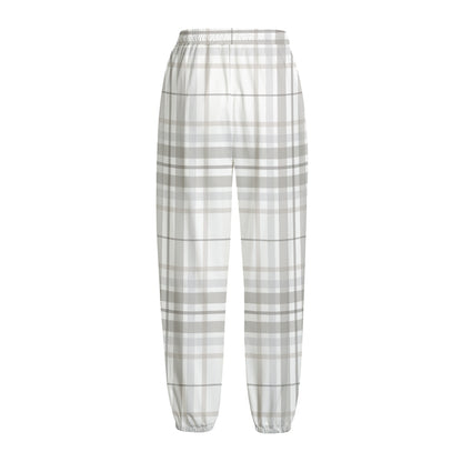 White And Grey Plaid Pattern Print Fleece Lined Knit Pants
