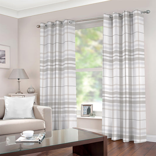 White And Grey Plaid Pattern Print Grommet Curtains
