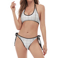 White And Grey Plaid Pattern Print Halter Scoop Tie Side Bikini