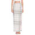 White And Grey Plaid Pattern Print High Slit Maxi Skirt