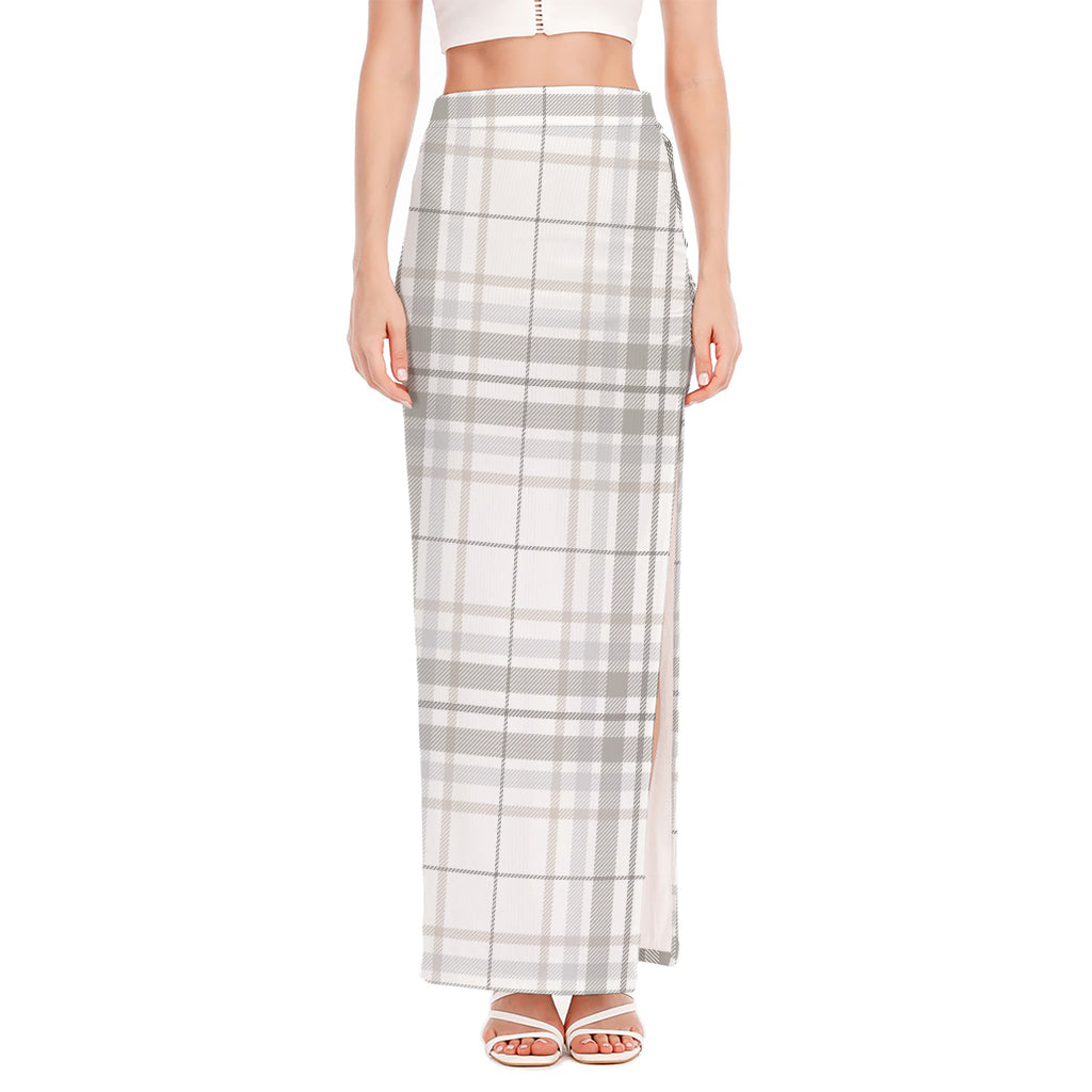 White And Grey Plaid Pattern Print High Slit Maxi Skirt