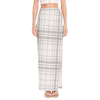 White And Grey Plaid Pattern Print High Slit Maxi Skirt
