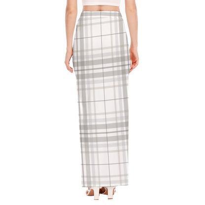 White And Grey Plaid Pattern Print High Slit Maxi Skirt