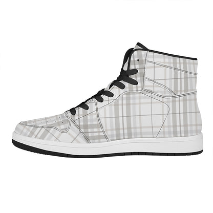 White And Grey Plaid Pattern Print High Top Leather Sneakers