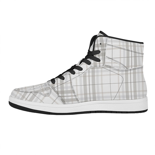 White And Grey Plaid Pattern Print High Top Leather Sneakers