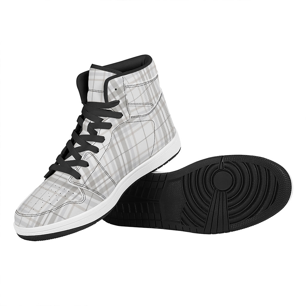 White And Grey Plaid Pattern Print High Top Leather Sneakers