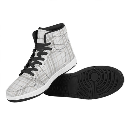White And Grey Plaid Pattern Print High Top Leather Sneakers