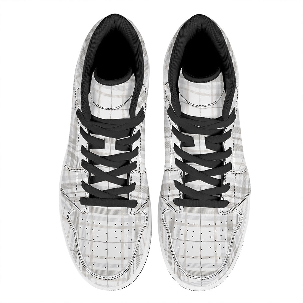 White And Grey Plaid Pattern Print High Top Leather Sneakers