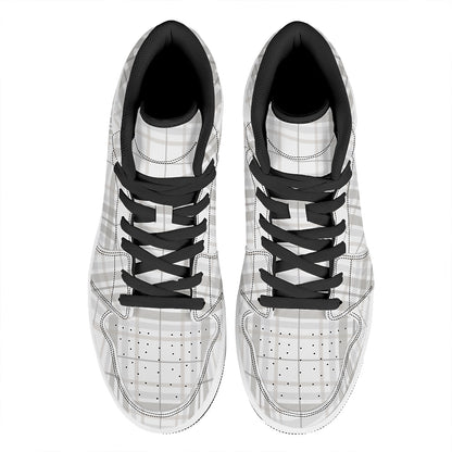 White And Grey Plaid Pattern Print High Top Leather Sneakers