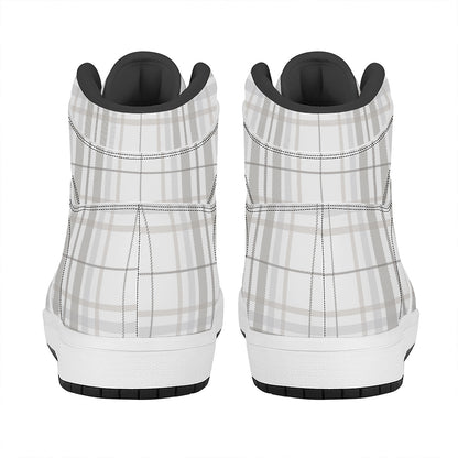 White And Grey Plaid Pattern Print High Top Leather Sneakers