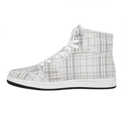 White And Grey Plaid Pattern Print High Top Leather Sneakers