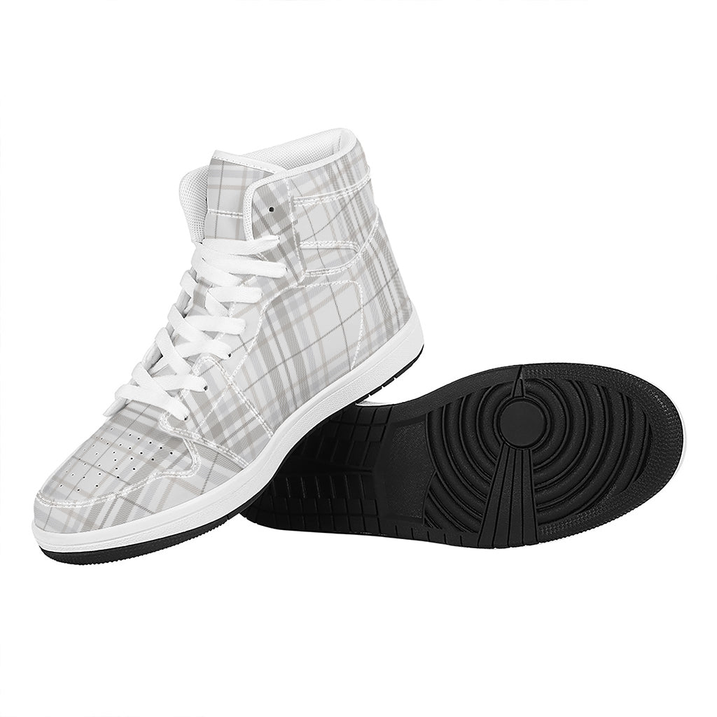 White And Grey Plaid Pattern Print High Top Leather Sneakers