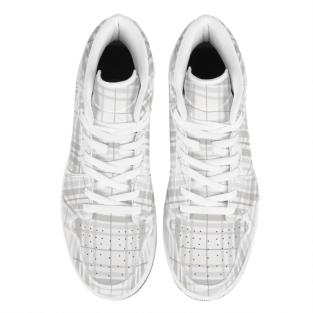 White And Grey Plaid Pattern Print High Top Leather Sneakers