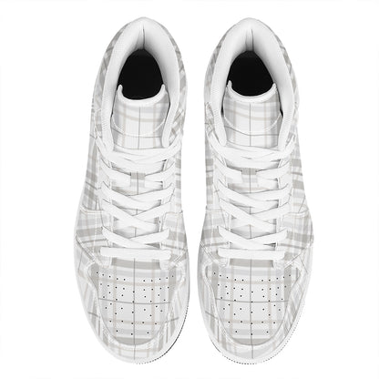 White And Grey Plaid Pattern Print High Top Leather Sneakers